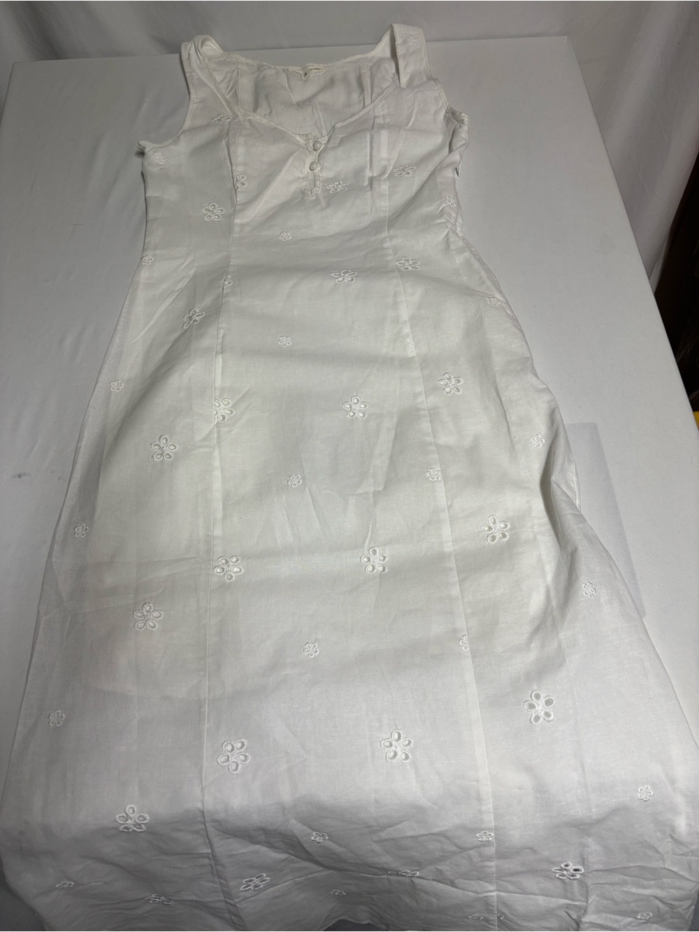 All:Row White Cotton Embroidered Midi Dress L Floral Coastal Summer Lined
